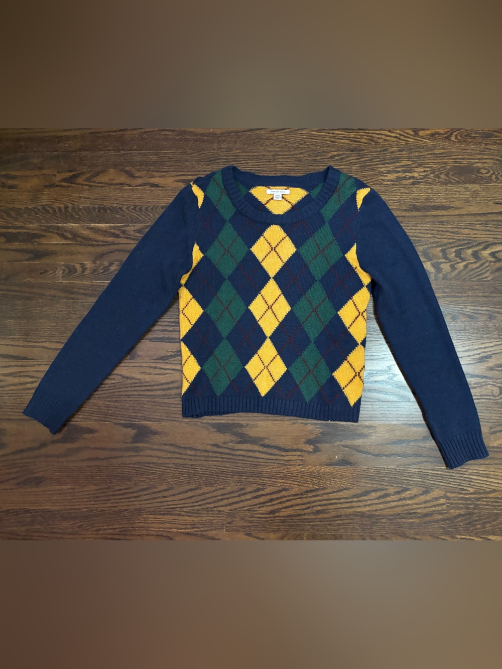 Women's Navy Argyle Pullover Sweater - Yellow & Green Pattern American Eagle